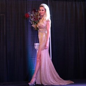 Jovani gold full liquid beaded gown